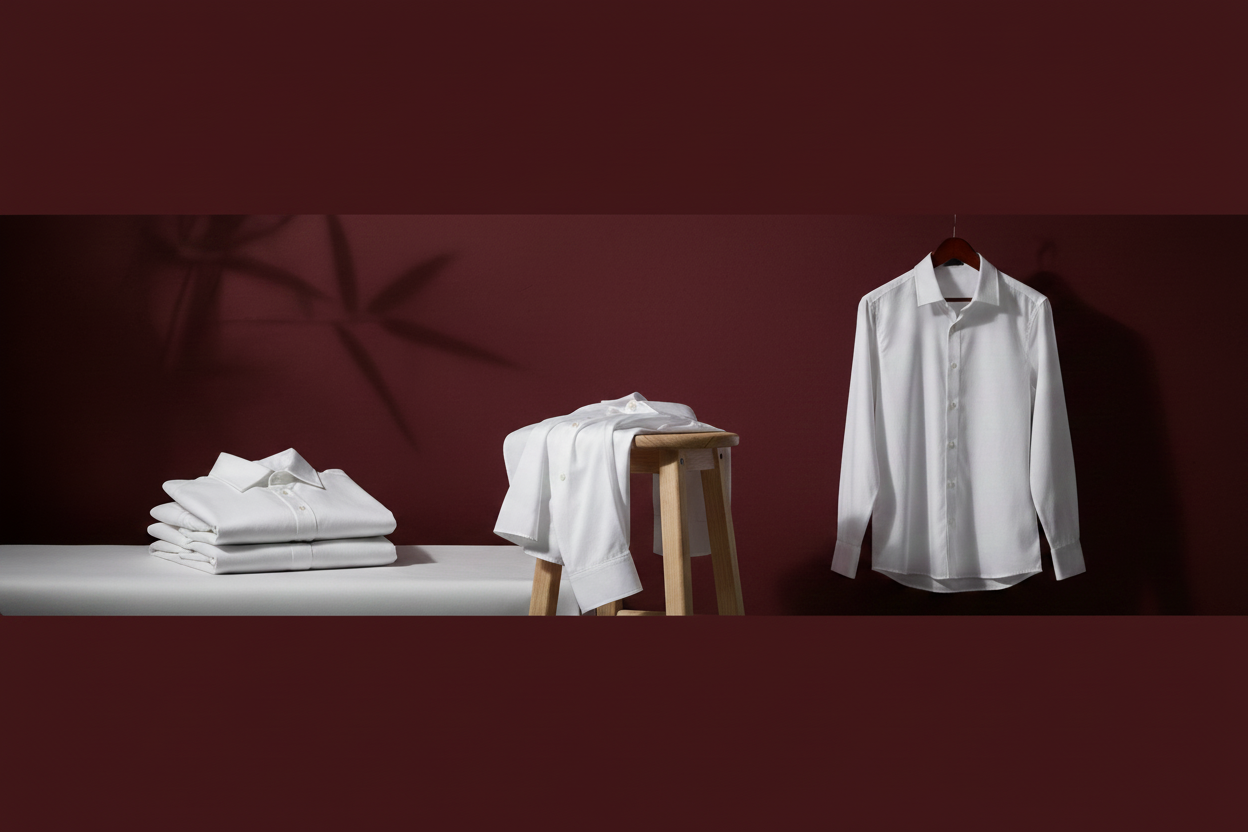 White shirts on a stool and hanging against a dark red wall