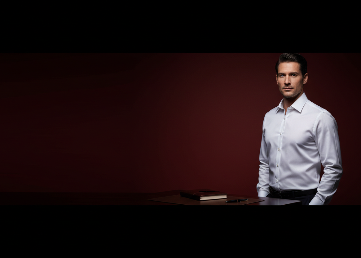 Man in a white shirt standing behind a desk with a book on a dark background